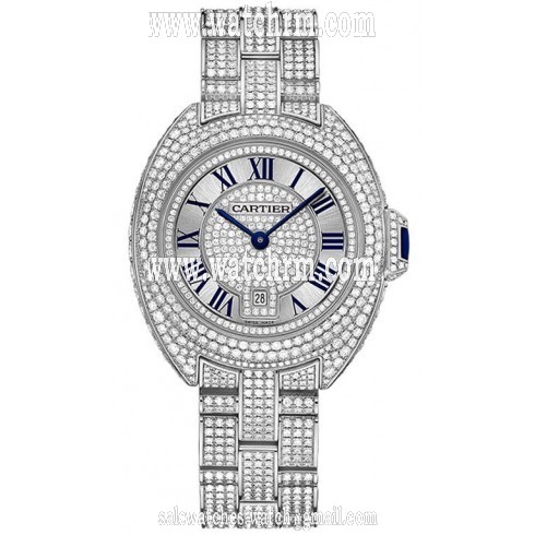 Cartier Cle Silver Diamond Pave Dial 18K White Gold Automatic Ladies Watch HPI00980