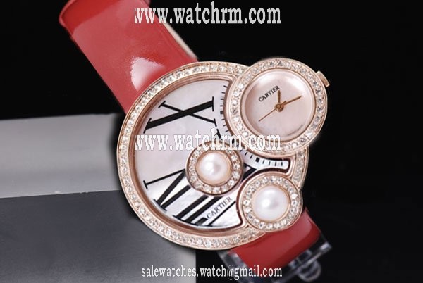 Cartier Libre WJ304850 Diamond Bezel Gold Dial Red Cow Leather Strap Watch