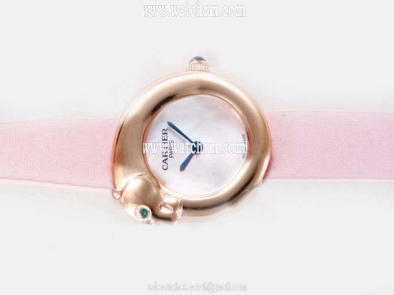 Cartier Panther 82250 Pink Cow Leather Strap Round White Dial Watch