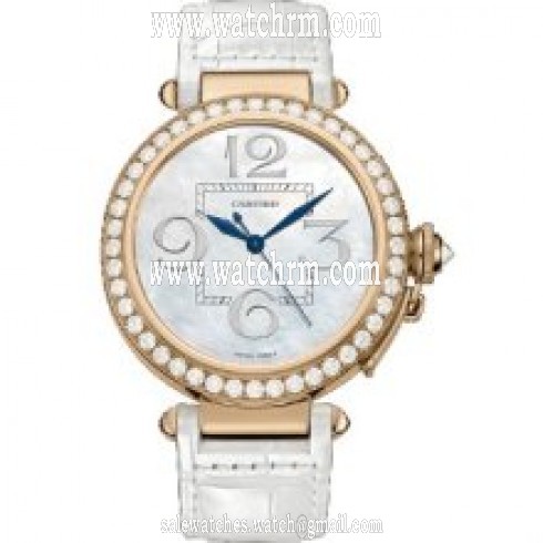 Cartier Pasha Mother of Pearl 18kt Rose Gold White Leather Ladies Watch WJ124005