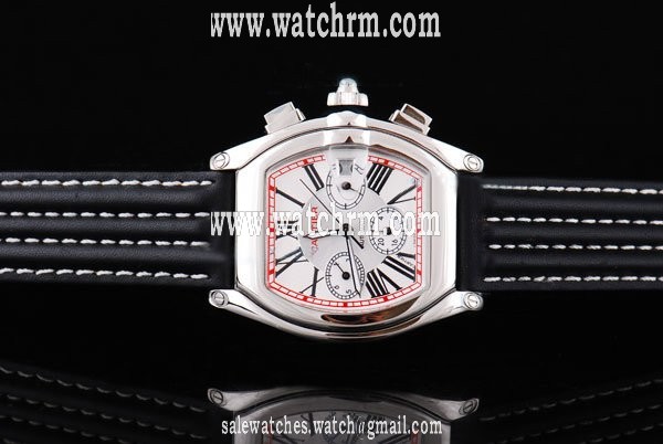 Cartier Roadster 2510 Mens Black Cow Leather Strap Stainless Steel Bezel Watch