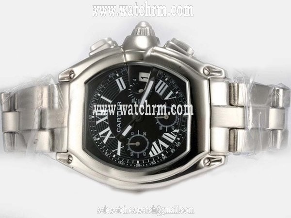 Cartier Roadster W62020X6 Black Dial Silver Stainless Steel Strap 38x47mm Watch