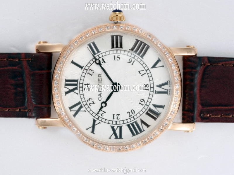 Cartier Ronde WR000351 Mens Round Brown Crocodile Leather Strap Watch