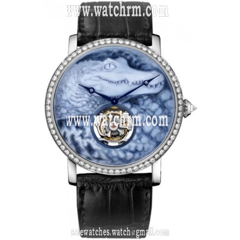 Cartier Rotonde 18K White Gold Natural Agate Cameo Crocodile Motif Dial Men's Watch HPI00689
