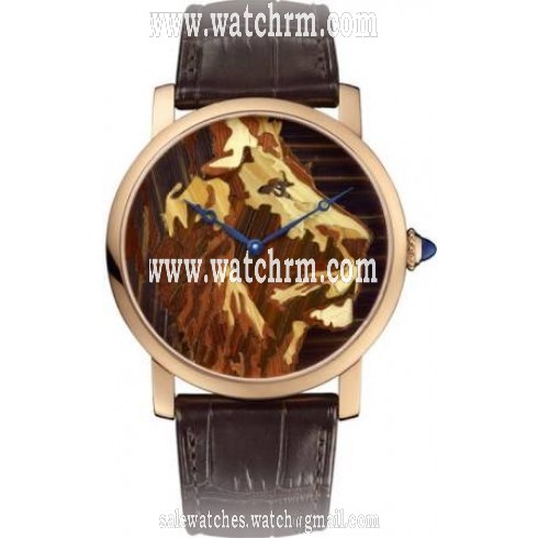 Cartier Rotonde 18k Yellow Gold Straw Marquetry Lion Motif Dial Men's Watch HPI00614