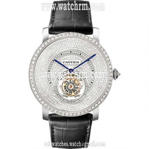Cartier Rotonde Flying Tourbillion Diamond Pave Dia Black Leather Men's Watch HPI00592