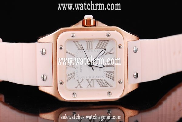 Cartier Santos 100 25232 29x40mm Pink Rubber Strap Womens Watch