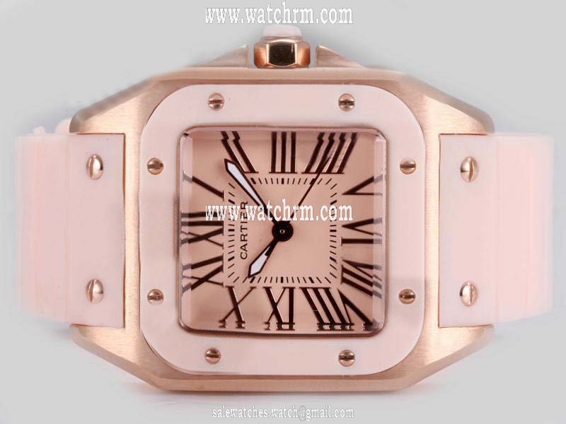 Cartier Santos 100 25232 Gold Dial Rose Gold Case 33x33mm Watch