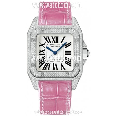 Cartier Santos 100 Diamond 18kt White Gold Pink Ladies Watch WM501751