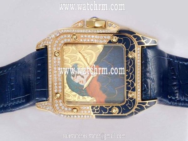 Cartier Santos 100 Only 2009 Mens 18k Gold Bezel Blue Ostrich Leather Strap Watch