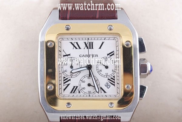 Cartier Santos 100 w20072x7 Mens 18k Gold Bezel Brown Crocodile Leather Strap Watch