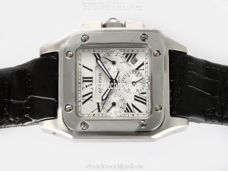 Cartier Santos 100 w20073x8 White Dial Square Black Ostrich Leather Strap Watch