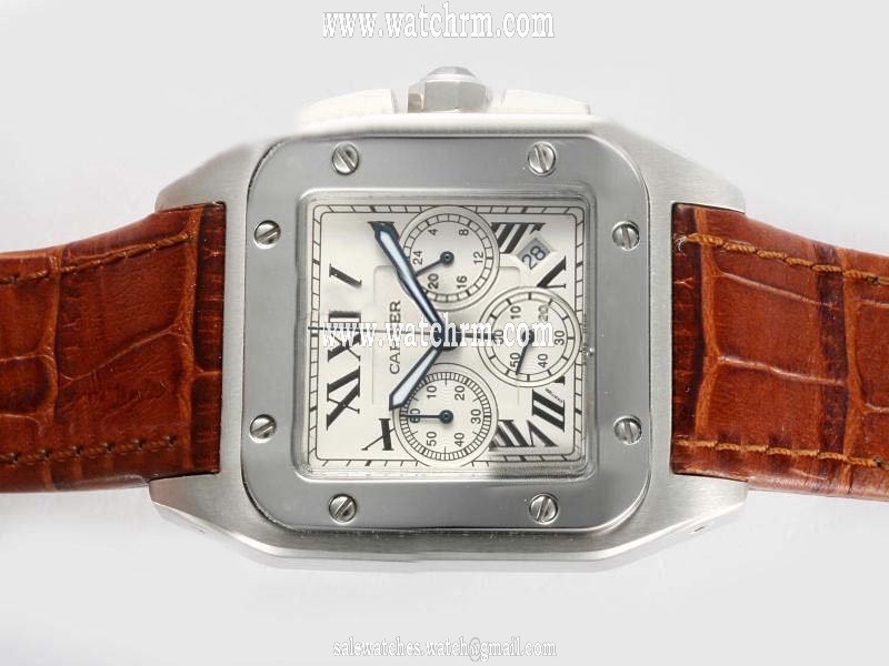 Cartier Santos 100 W20090X8 Stainless Steel Bezel Mens Brown Crocodile Leather Strap Watch