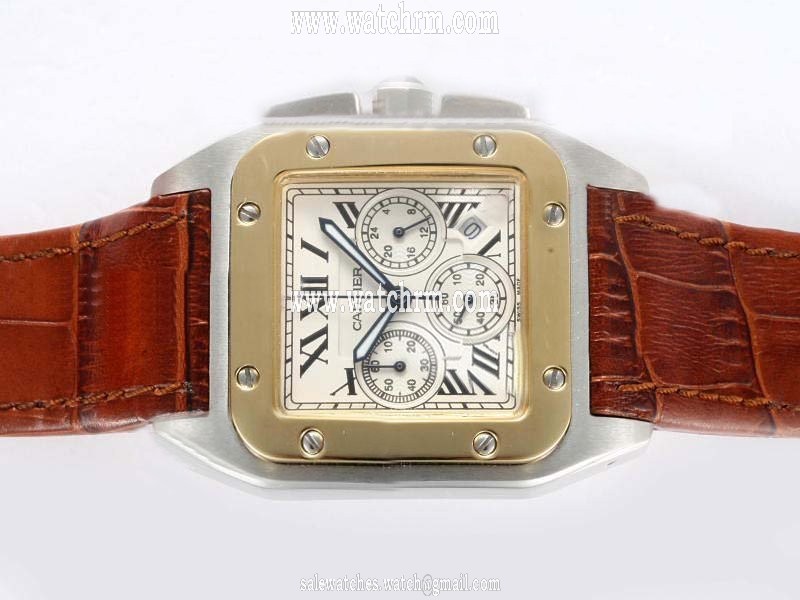 Cartier Santos 100 w20091x7 Brown Crocodile Leather Strap White Dial 38x38mm Watch