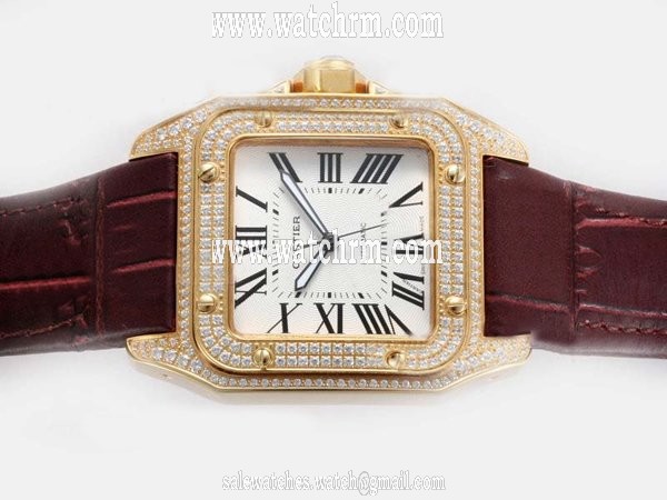 Cartier Santos 100 w20096y1 38x38mm Brown Crocodile Leather Strap Mens Watch
