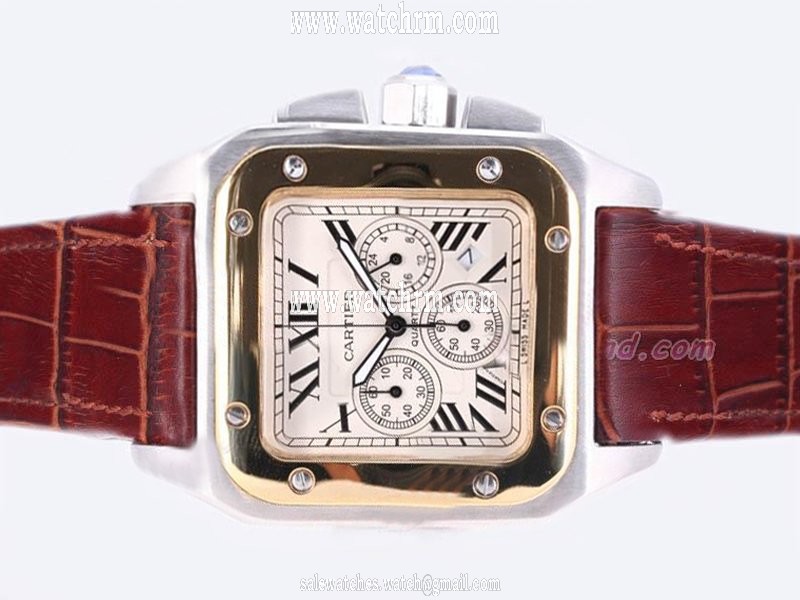 Cartier Santos 100 W20107X7 Mens Square Brown Crocodile Leather Strap Watch