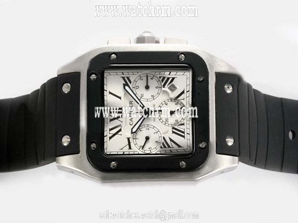 Cartier Santos 100 w20121u2 Black Rubber Strap White Dial Rubber Bezel Watch