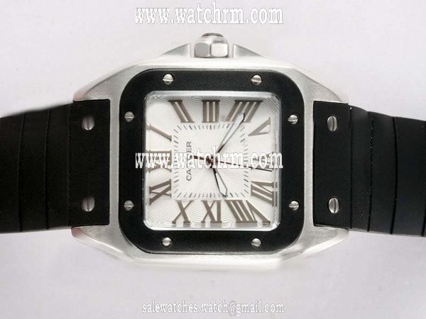 Cartier Santos 100 W20124U2 Mens Square Black Rubber Strap Watch