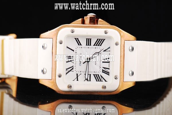 Cartier Santos 100 W20129U2 Square White Dial White Rubber Strap Watch