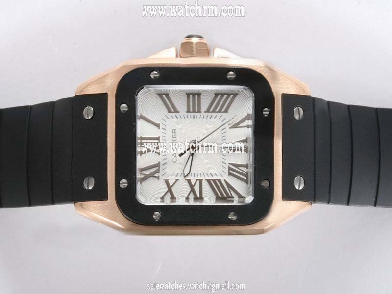 Cartier Santos 100 W2020007 Rubber Bezel White Dial Black Rubber Strap Watch