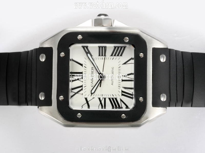 Cartier Santos 100 W2020008 White Dial Rubber Bezel Automatic Watch