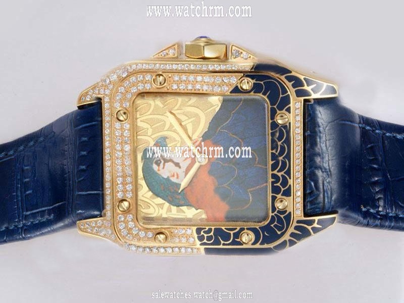 Cartier Santos 100 WM502151 Square Mens Blue Cow Leather Strap Watch