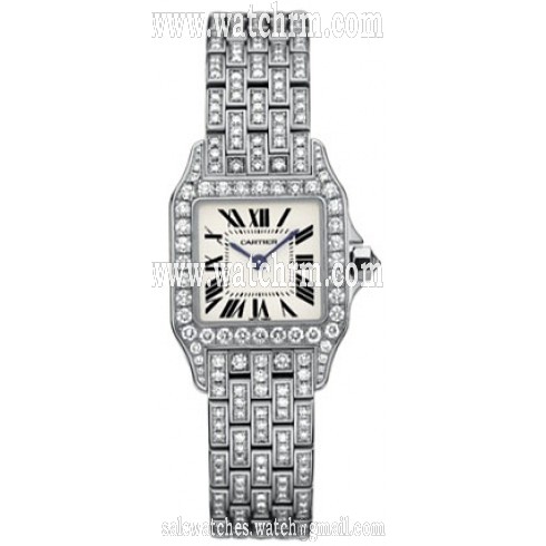 Cartier Santos Demoiselle Small Silver Dial 18kt White Gold Diamond Ladies Watch WF9003YA