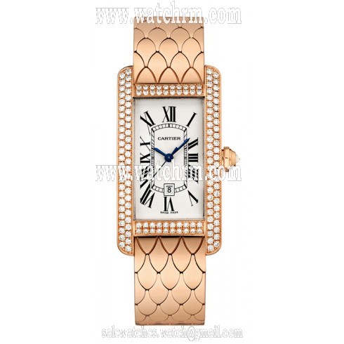 Cartier Tank Americaine Silver Dial 18K Rose Gold Diamond Ladies Watch WB710010