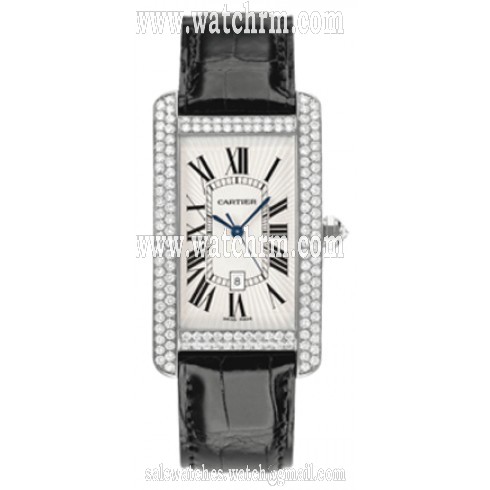 Cartier Tank Americaine Silver Dial 18kt White Gold Diamond Black Leather Men's Watch WB710004