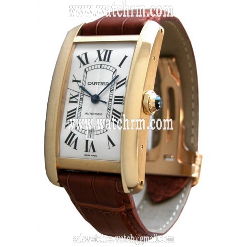 Cartier Tank Americaine Silver Dial 18kt Yellow Gold Brown Leather Men's Watch W2609756