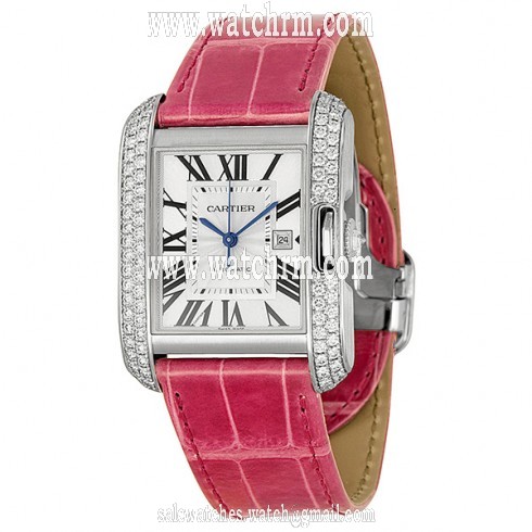 Cartier Tank Anglaise Large 18k White Gold Diamond Bezel Pink Leather Watch WT100018
