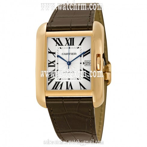 Cartier Tank Anglaise Silver Dial 18kt Rose Gold Brown Leather Men's Watch W5310004