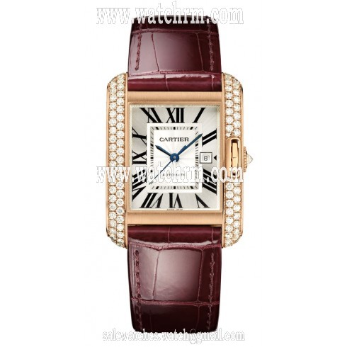 Cartier Tank Anglaise Silver Dial 18kt Rose Gold Diamond Brown Leather Men's Watch WT100016