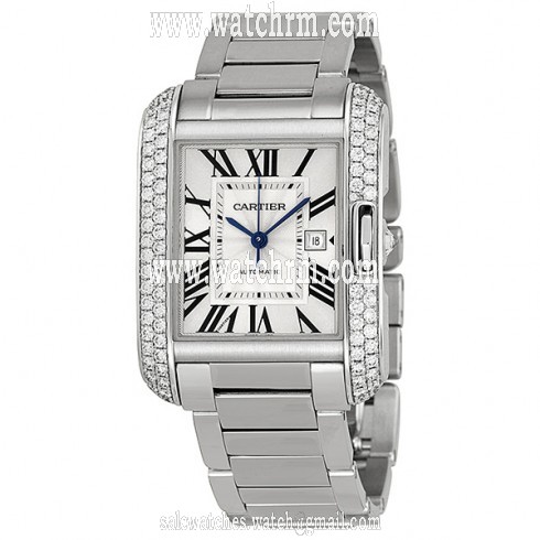 Cartier Tank Anglaise Silver Dial 18kt White Gold Diamond Ladies Watch WT100009