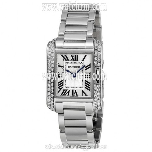 Cartier Tank Anglaise Silver Dial Lacquered Flinque Dial 18kt Rhodiumised White Gold Ladies Watch WT100008