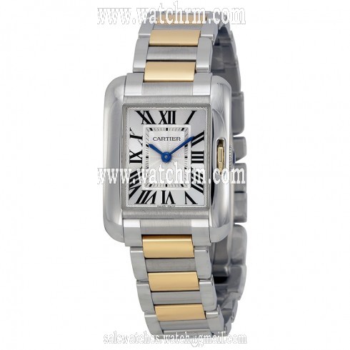 Cartier Tank Anglaise Silver Dial Stainless Steel and 18kt Yellow Gold Ladies Watch W5310046