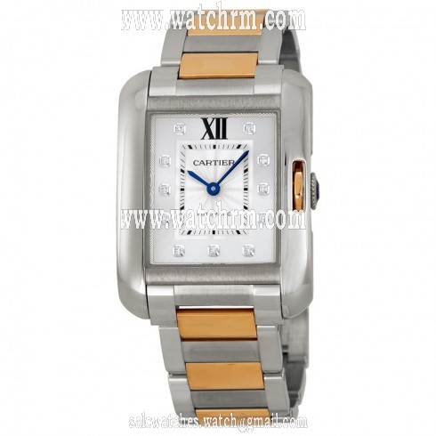 Cartier Tank Anglaise Silver Dial Stainless Steel with 18kt Rose Gold Ladies Watch WT100034
