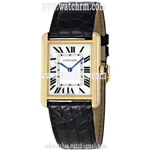Cartier Tank Solo Silver Dial 18kt Yellow Gold Black Leather Unisex Watch W5200004