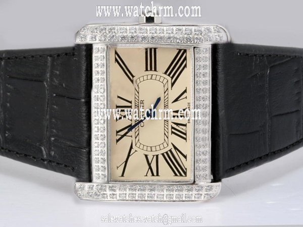 Cartier Tank WA301271 Black Crocodile Leather Strap Yellow Dial Rectangle Watch