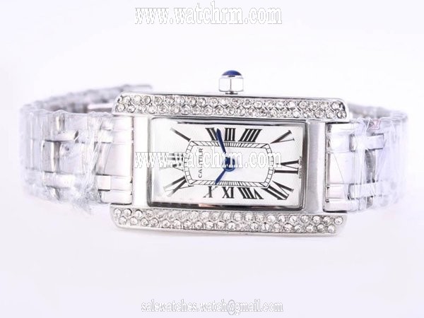 Cartier Tank WB7045L1 Diamond Bezel Womens Stainless Steel Case Watch