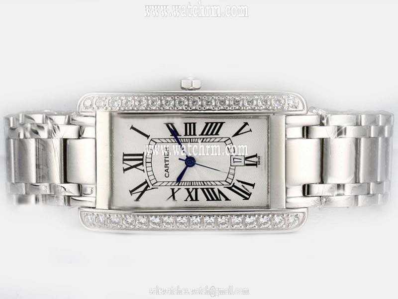 Cartier Tank WB7073L1 Silver Stainless Steel Strap Diamond Bezel White Dial Watch