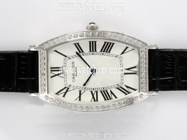 Cartier Tonneau WE400251 Black Cow Leather Strap White Dial Stainless Steel with Diamond Bezel Watch
