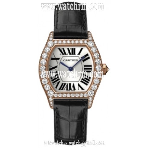 Cartier Tortue Silver Dial 18kt Rose Gold black Leather Diamond Ladies Watch WA507031