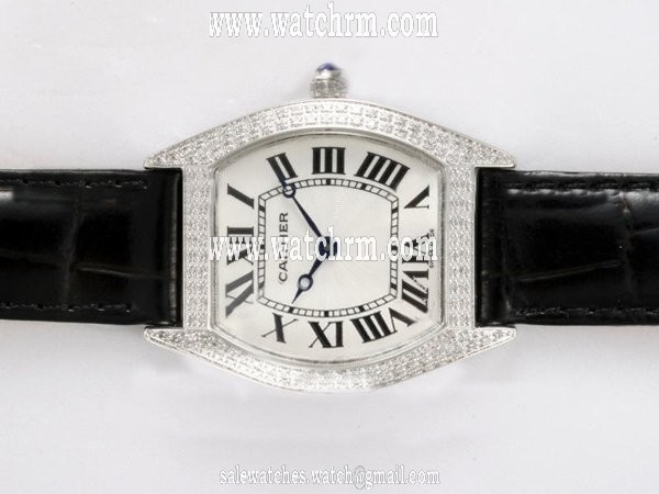 Cartier Tortue WA503851 Rectangle Black Cow Leather Strap Mens Watch