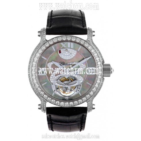 Chopard Classic Black Mother of Pearl Dial 18kt White Gold Diamond Black Leather Ladies Watch 134188-1007