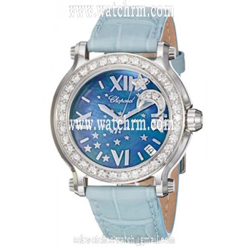 Chopard Happy Sport Blue MOP Dial Blue Leather Floating Diamond Moon Ladies Watch 278475-2001