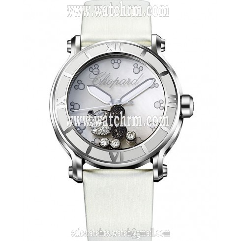 Chopard Happy Sport Diamond Mickey Mouse Mother Of Pearl Dial White Satin Ladies Watch 288524-3004