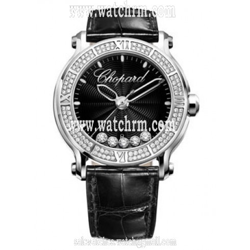 Chopard Happy Sport Round Diamond Black Dial Black Leather Ladies Watch 288525-3006