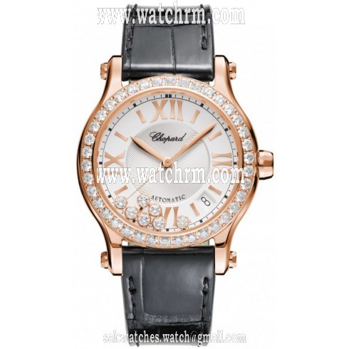 Chopard Happy Sport Silver Guilloche Dial Black Leather Strap Ladies Watch 274808-5003