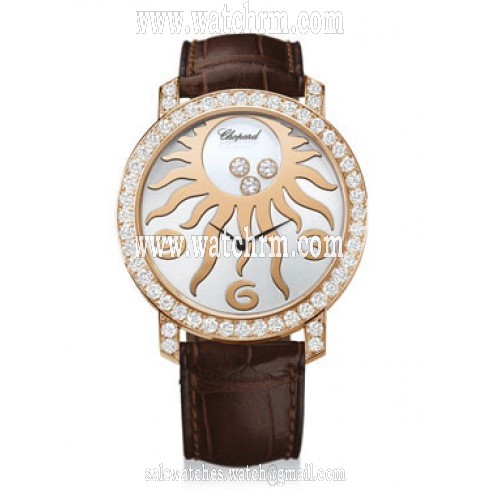 Chopard Happy Sun Diamond 18 kt Rose Gold Sun Brown Leather Ladies Watch 207470-5007